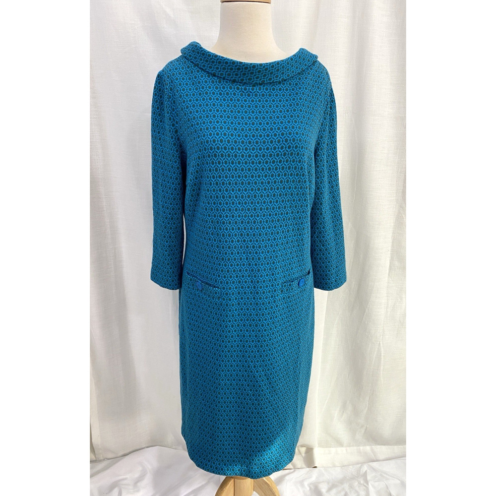 Boden Bessie Dress Size 10 Teal Blue Jacquard Midi 3/4 Sleeve 60's Inspired Mod
